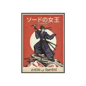 Queen of Swords Poster with Wooden Frame — Japanese Samurai Inspired Tarot Art Print